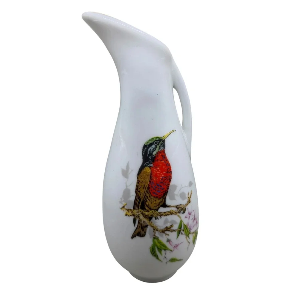 Vintage White Porcelain Bird Pitcher Vase Gold Trim Taiwan Songbird Decor‎